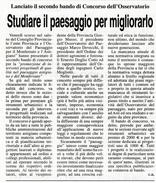 Rassegna stampa Secondo Bando di Concorso sulla Qualità del paesaggio astigiano - Articolo pubblicato da La Gazzetta d'Asti - venerdì 9 febbraio 2007