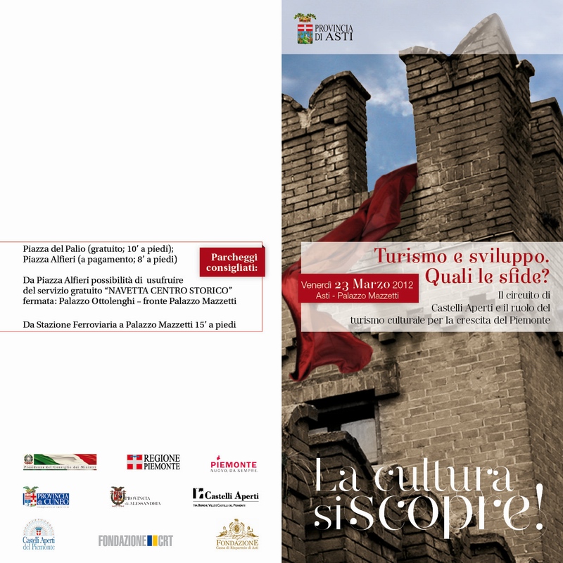 Depliant (fronte) del Convegno  su Turismo e sviluppo: quali sfide? Il circuito di Castelli aperti e il ruolo del turismo culturale per la crescita del Piemonte