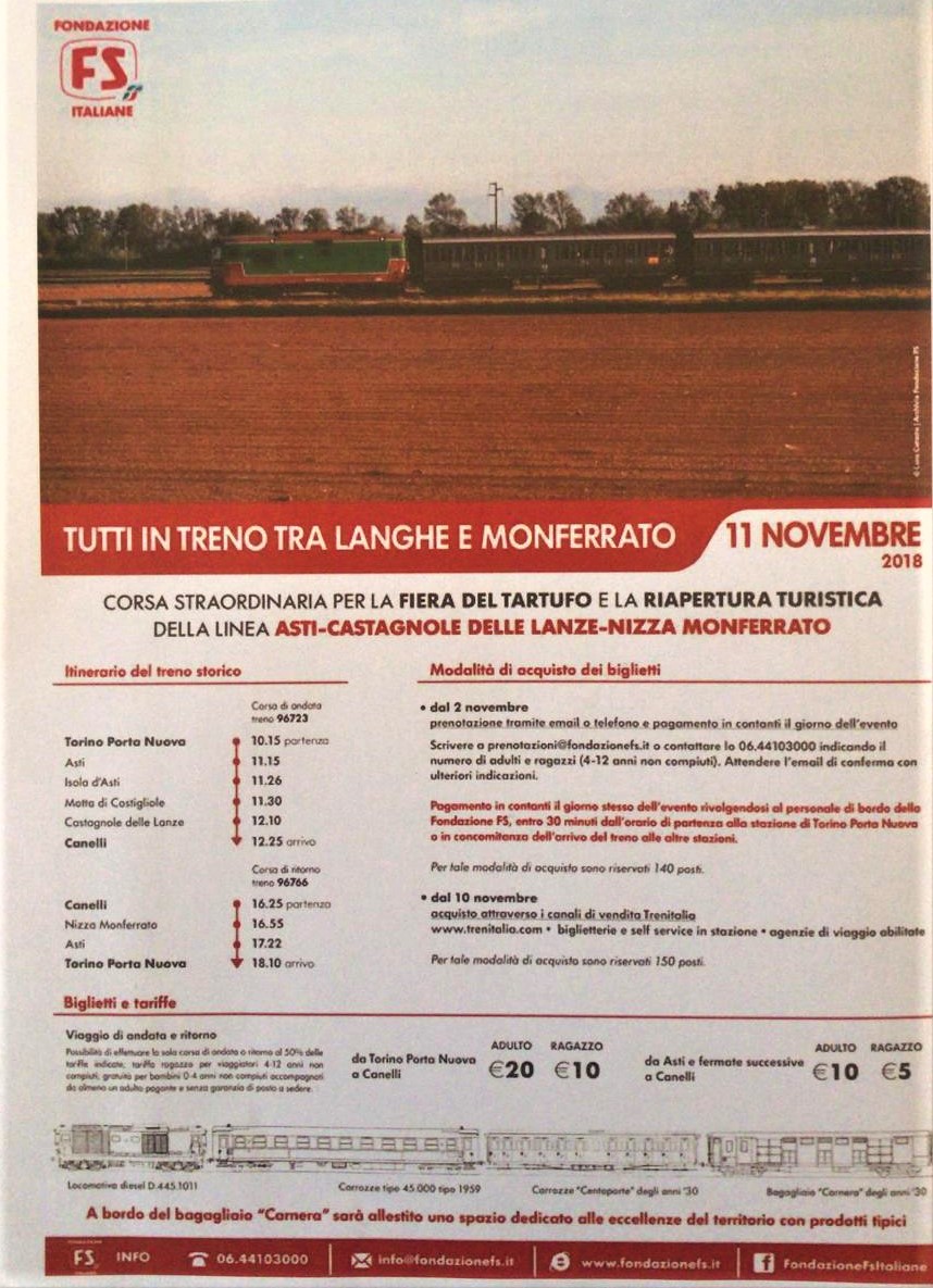 Orario del secondo treno storico in partenza da Torino Porta Nuova domenica 11 novembre 2018.