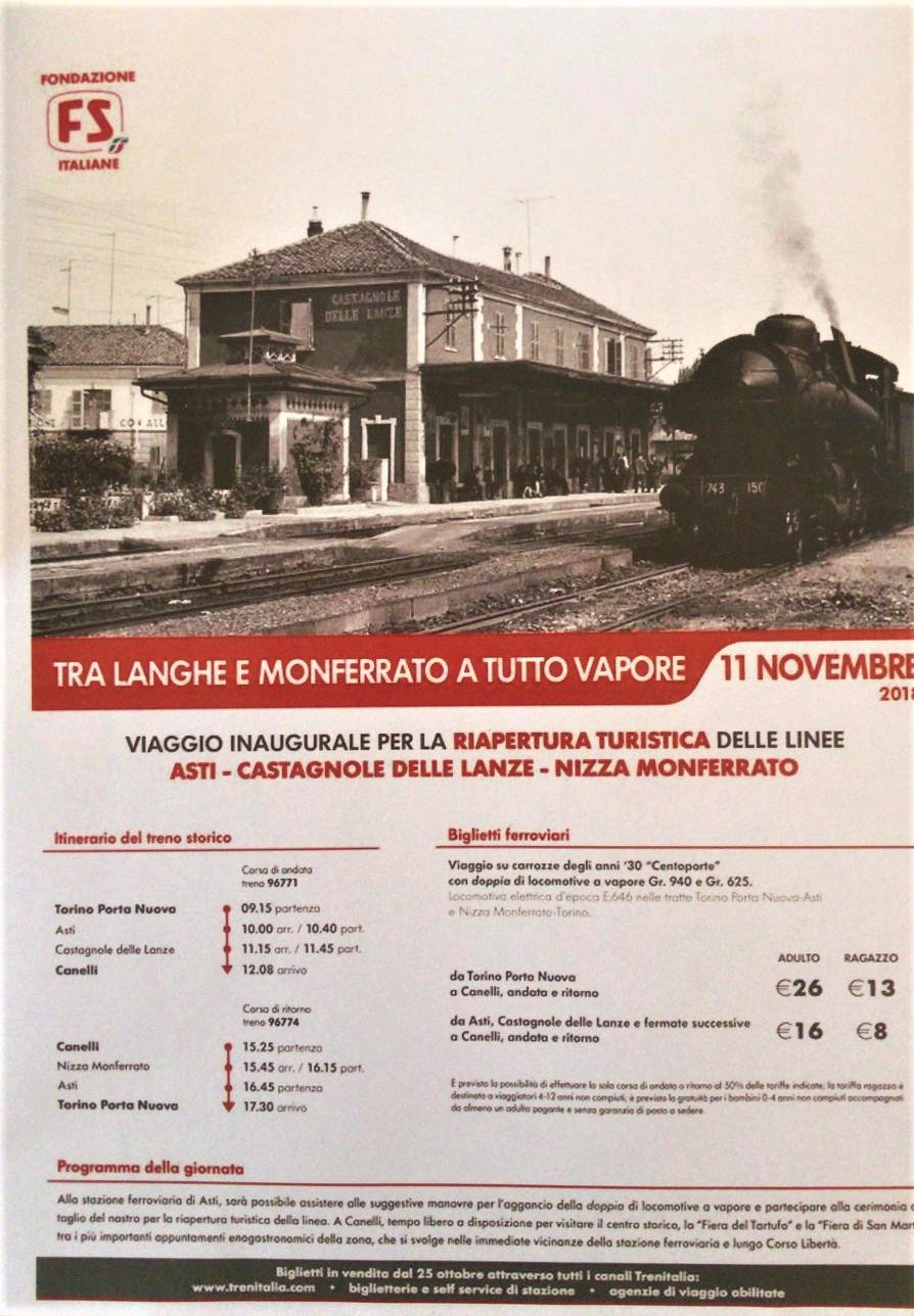 Orario del primo treno storico in partenza da Torino Porta Nuova domenica 11 novembre 2018.