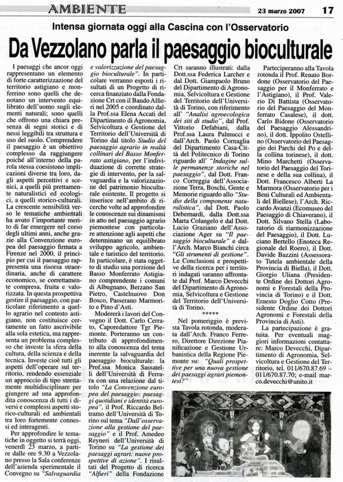 Rassegna stampa Convegno su "Salvaguardia e valorizzazione del paesaggio bioculturale. Metodologia di studio e risultati di una ricerca condotta nel Basso Monferrato Astigiano", Vezzolano 23 marzo 2007 - Articolo pubblicato da La Gazzetta di Asti - venerdì 23 marzo 2007.