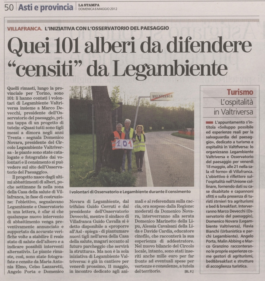 Rassegna stampa - Censimento alberi lungo la SS 10 - Articolo La Stampa (6 maggio 2012).