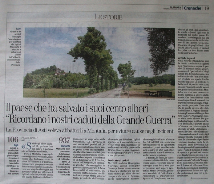  Articolo de La Stampa (venerdi 27 maggio 2016) - riconoscimento di notevole interesse pubblico del Viale dei tigli di Montafia.