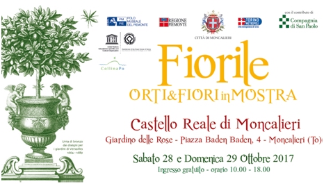 Depliant della III Edizione di Fiorile Orti&Fiori in Mostra presso il Giardino delle Rose del Castello di Moncalieri, sabato 28 e domenica 29 ottobre 2017.