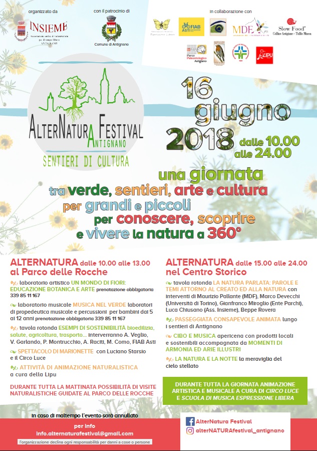 Locandina informativa del Festival Alternatura ad Antignano. Sentieri di Natura, sabato 16 giugno 2018