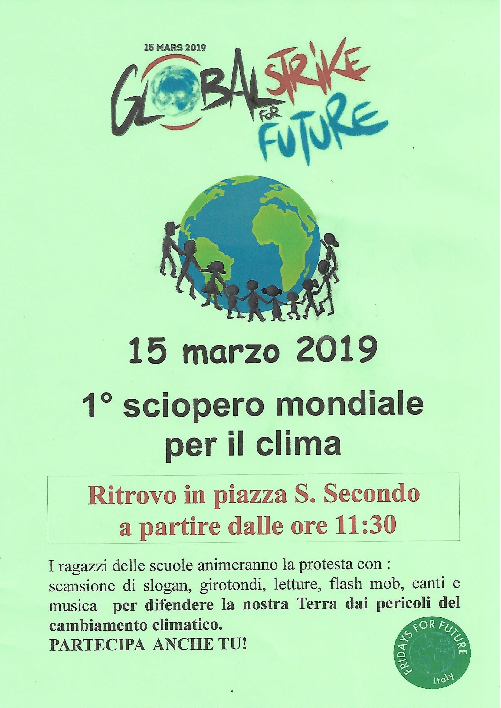Volantino informativo del Global strike for future ad Asti, venerdì 15 marzo 2019.